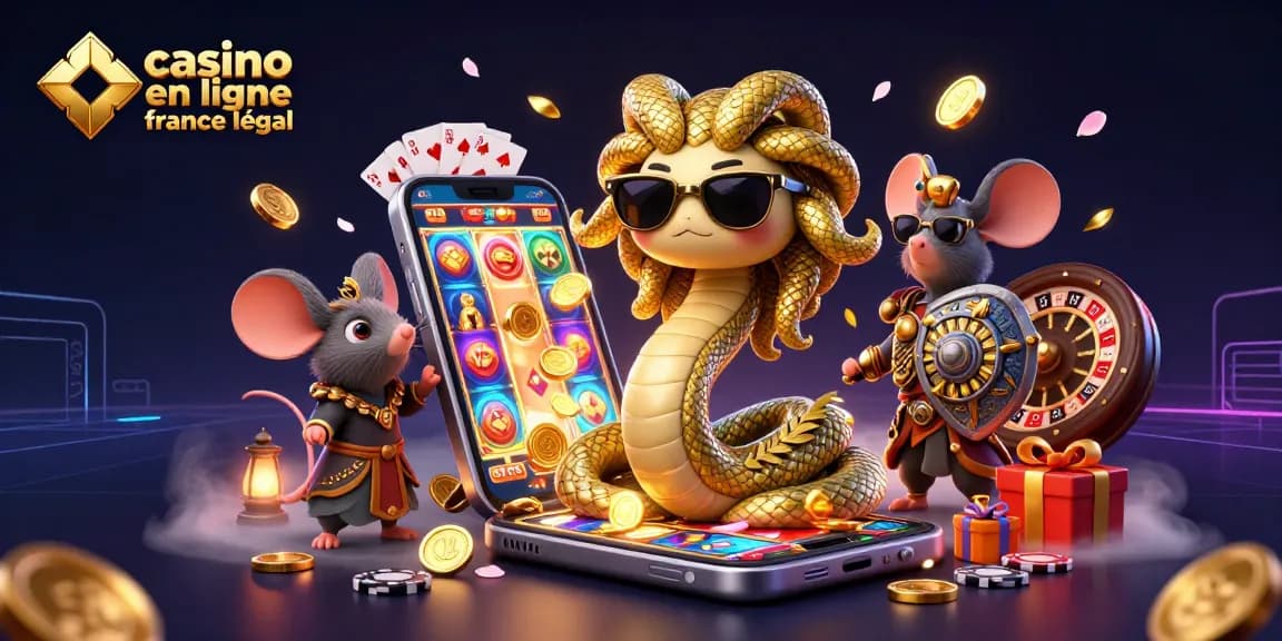 Jouez à un casino en ligne légal en France avec Medusa et un guerrier dans un monde vibrant.