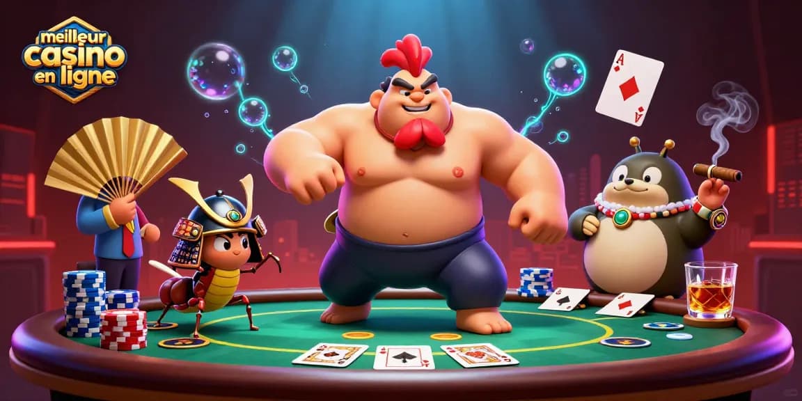 Illustration 3D du meilleur casino en ligne avec personnages de jeu de poker animés.