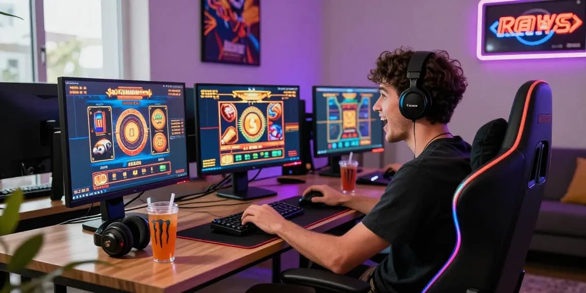 Exciting scene of online gaming with slot deposit 1000 theme, showcasing vibrant gaming setups and engagement.