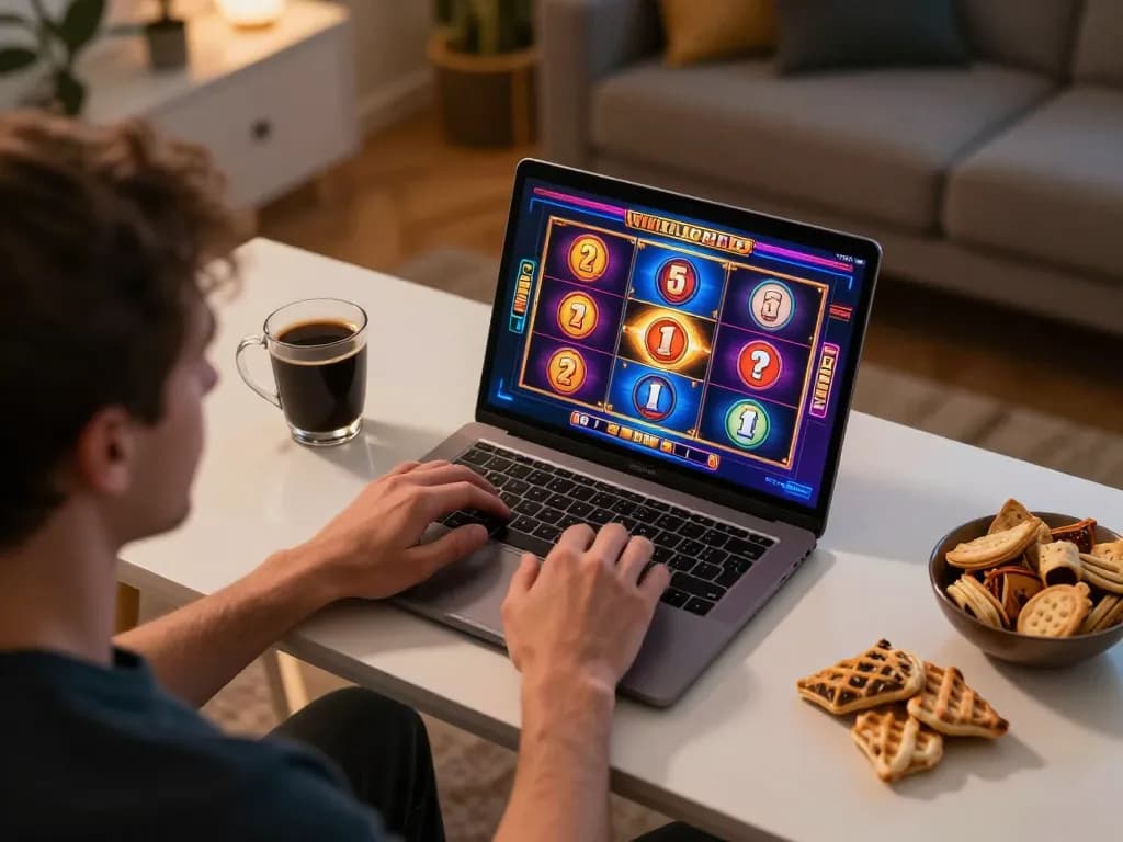 Player enjoying online slots on a laptop with colorful graphics and engaging environment