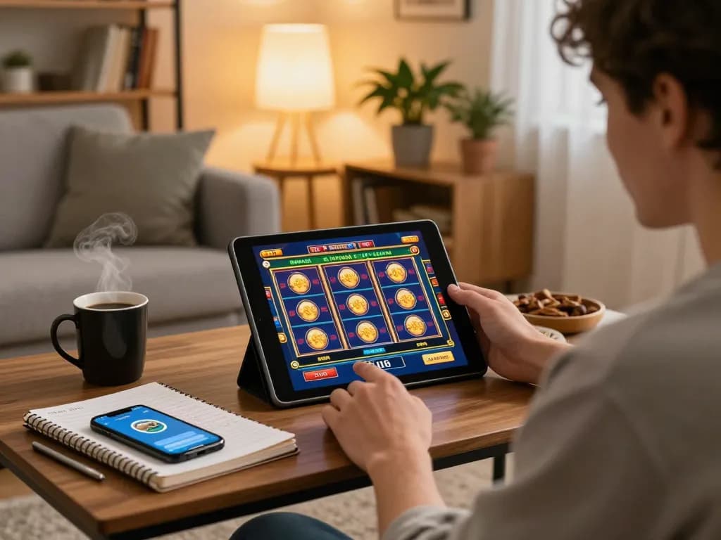PULSASLOT user enjoying online slots at home with strategic notes and cozy lighting