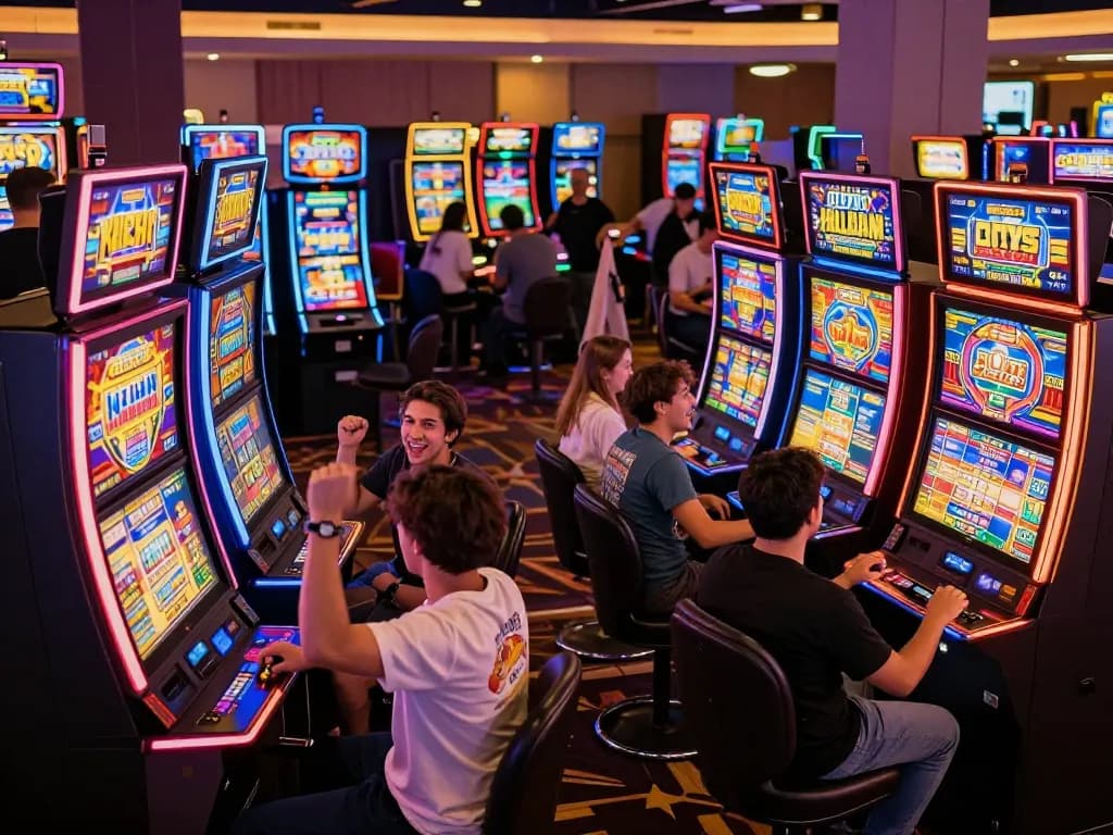 Players cheering at slot machines in a lively casino, showcasing the excitement of winning.