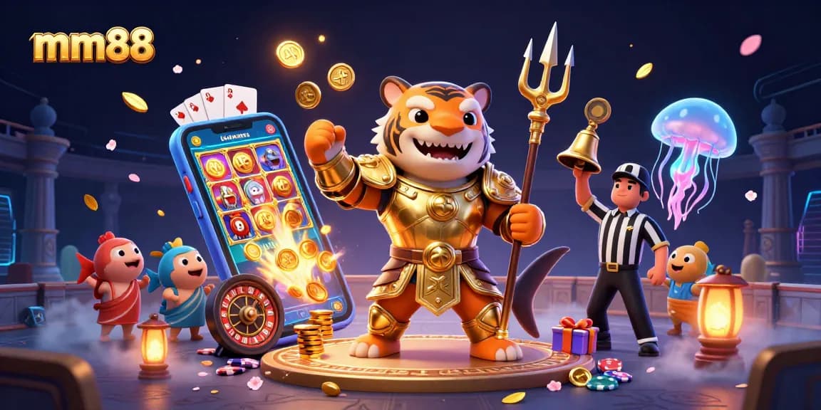 Spin to win with mm88 in a dynamic underwater casino scene featuring a tiger shark and vibrant gaming elements.