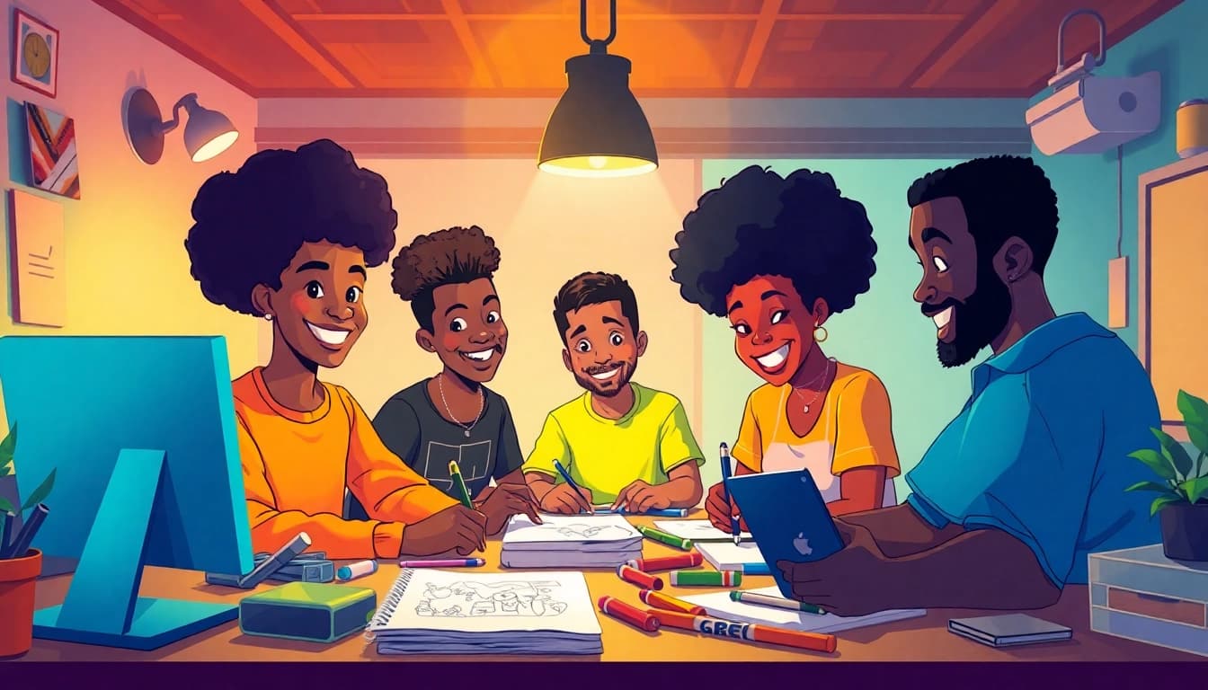 A vibrant scene depicting African American cartoons, showcasing diverse characters creating art in a lively animated setting.