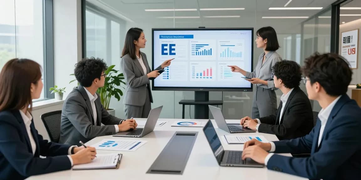 Comparing EE vs Three business plans in a modern office meeting with engaged professionals.