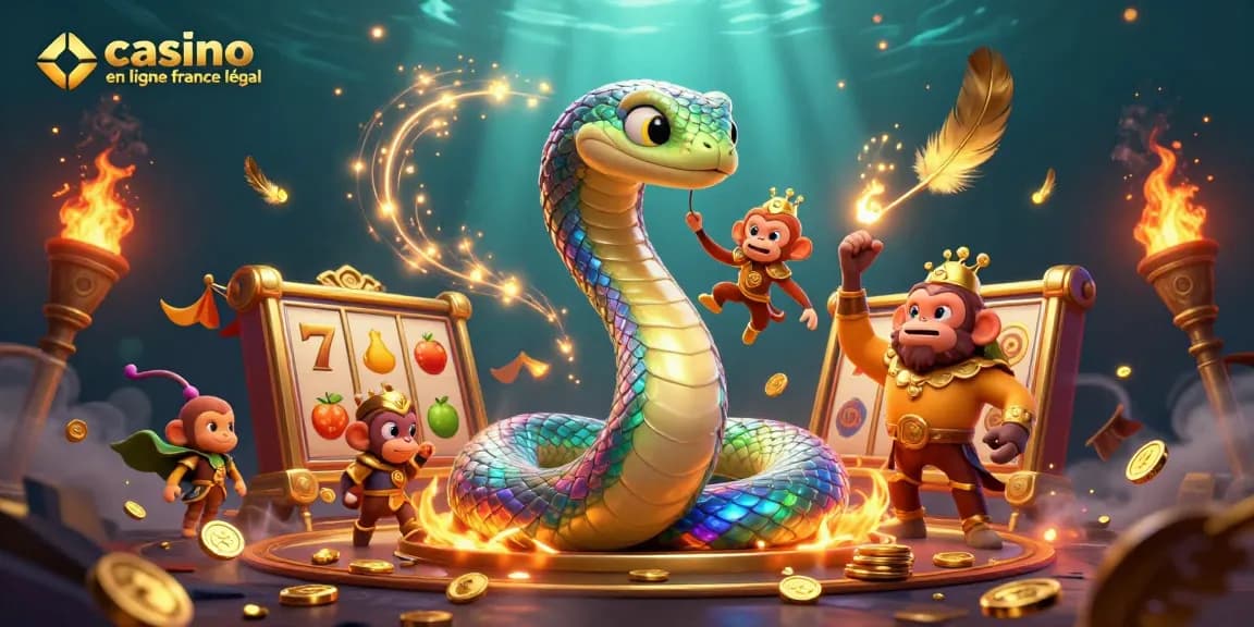 Illustration d'un serpent arc-en-ciel autour d'un pilier doré, mettant en avant le casino en ligne légal en France avec des éléments de jeux.