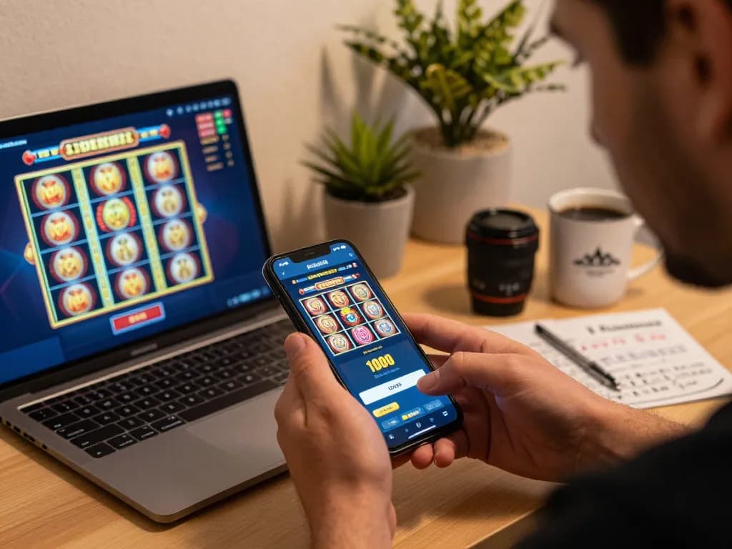 Player engaging in online casino gameplay with slot deposit 1000 on a smartphone, showcasing vibrant graphics and strategic setup.