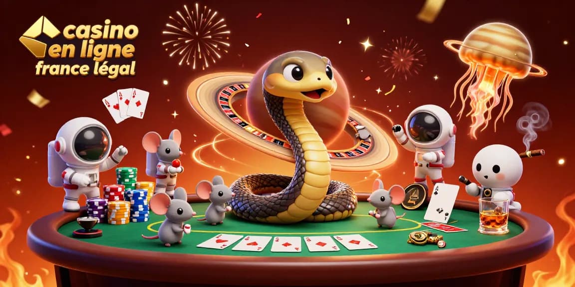 Casino en ligne légal : une illustration dynamique d'un serpent et des astronautes dans un casino cosmique.