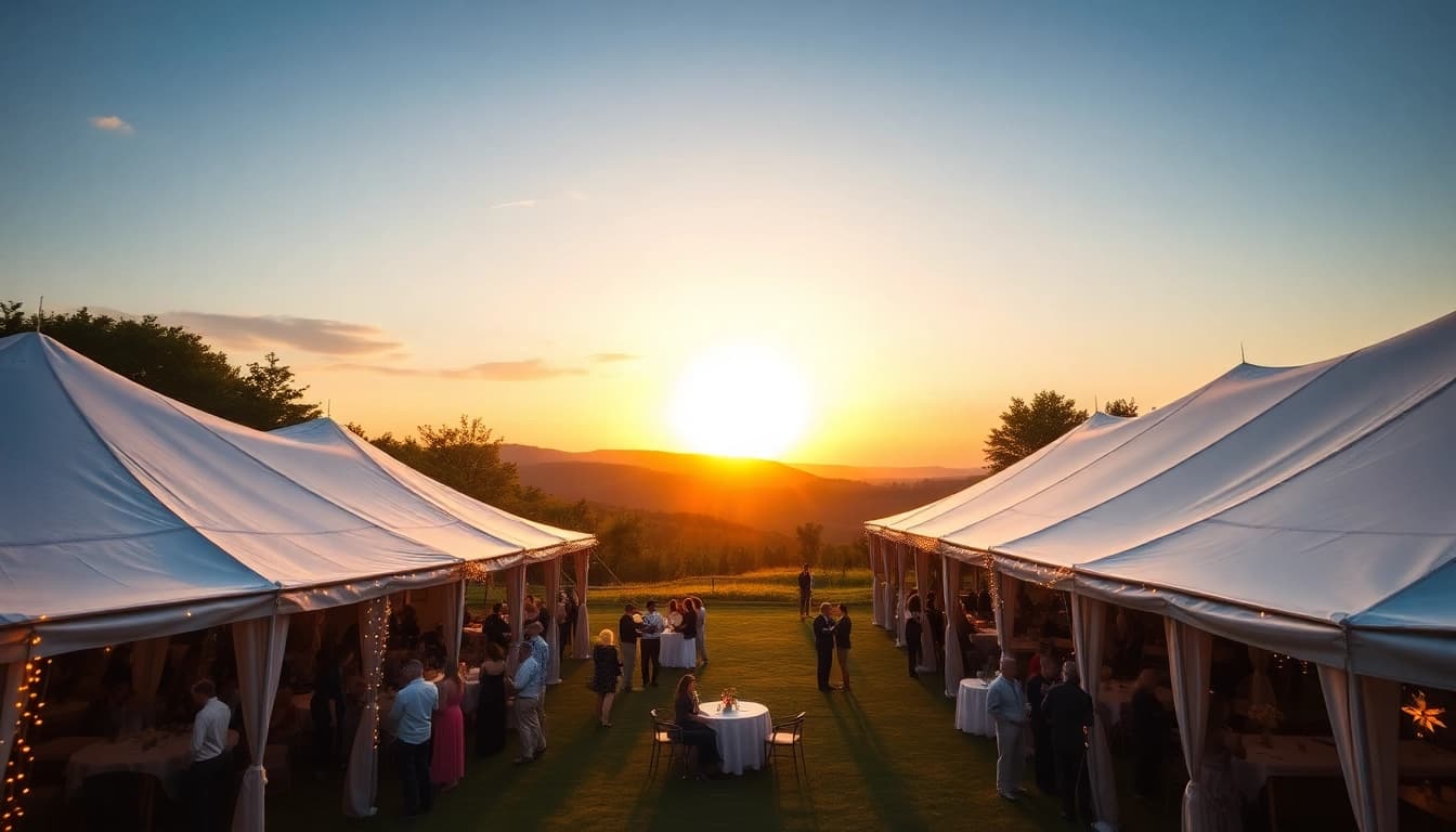 Enhance your event with elegant tent rentals showcasing an outdoor setup at sunset.