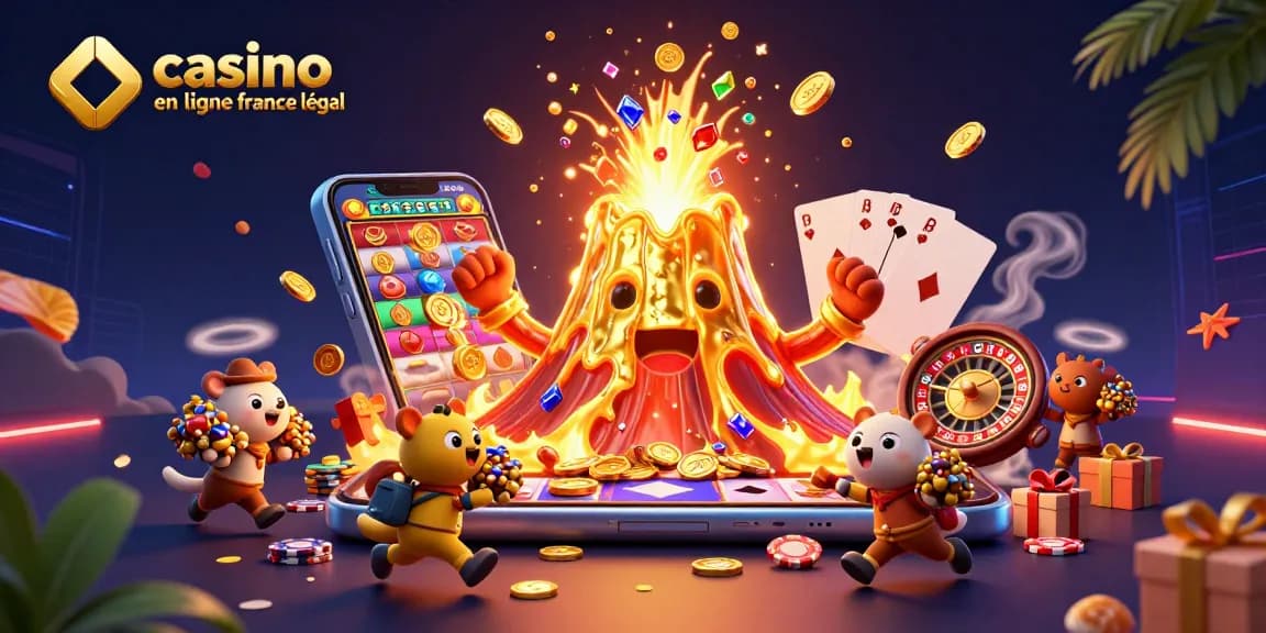 Visuel dynamique de casino en ligne France légal, un volcan doré et des trésors s'échappent.