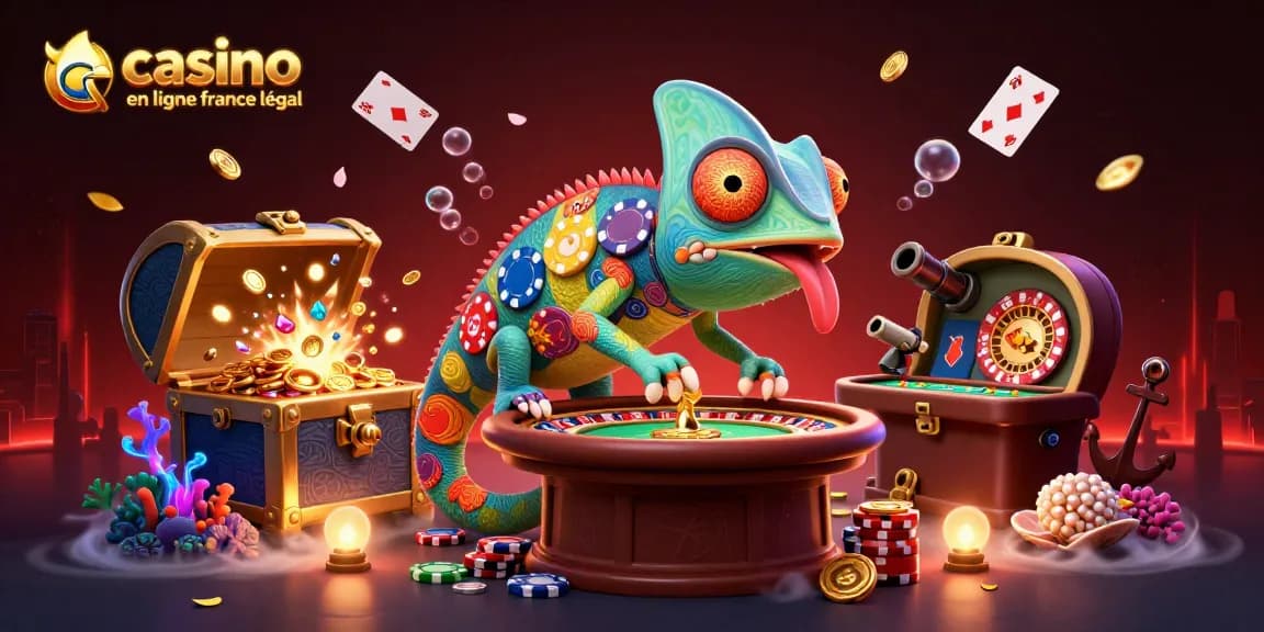 Les scènes du casino en ligne France légal avec un caméléon 3D vibrant, des jeux, et des pièces dorées