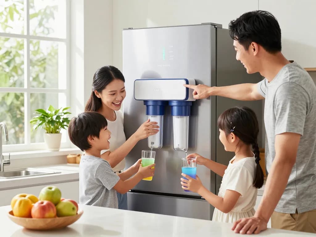 Family enjoying fresh water from the Waterspecialist DA29-00003G Refrigerator Water Filter in a bright kitchen.