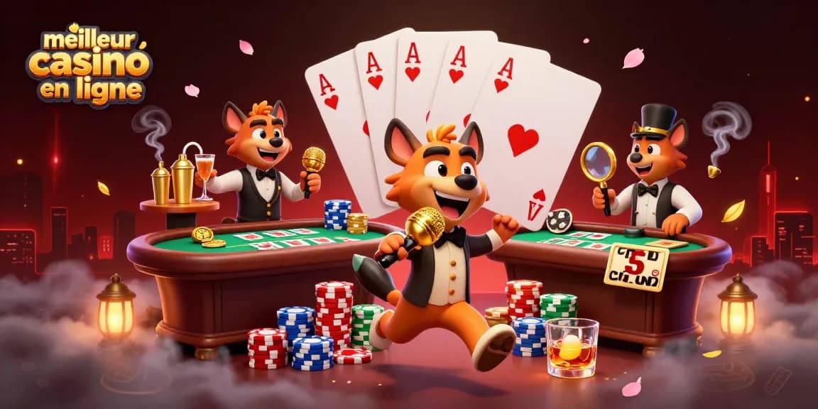 Découvrez le meilleur casino en ligne avec des hyènes comiques animant un club, environné d'éléments de jeu.