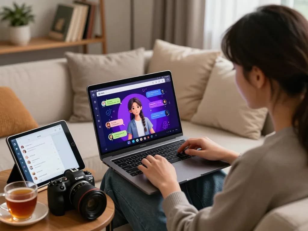 Engaging user in sex chat ai interaction with customizable AI companions in a cozy home setting.
