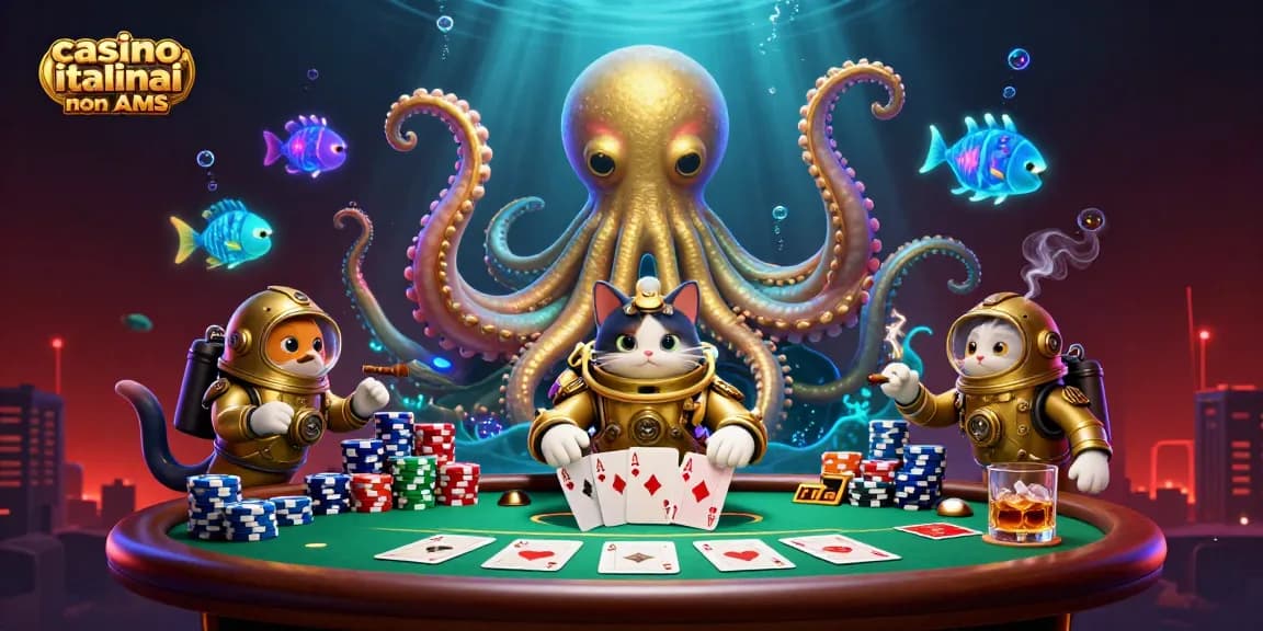 Gioca nei casino italiani non AAMS con un kraken e un gatto subacqueo, circondati da giochi di carte.