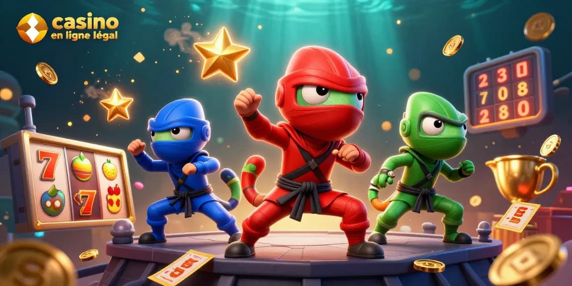 Illustration représentant des ninjas caméléons en arts martiaux pour promouvoir casino en ligne France légal.