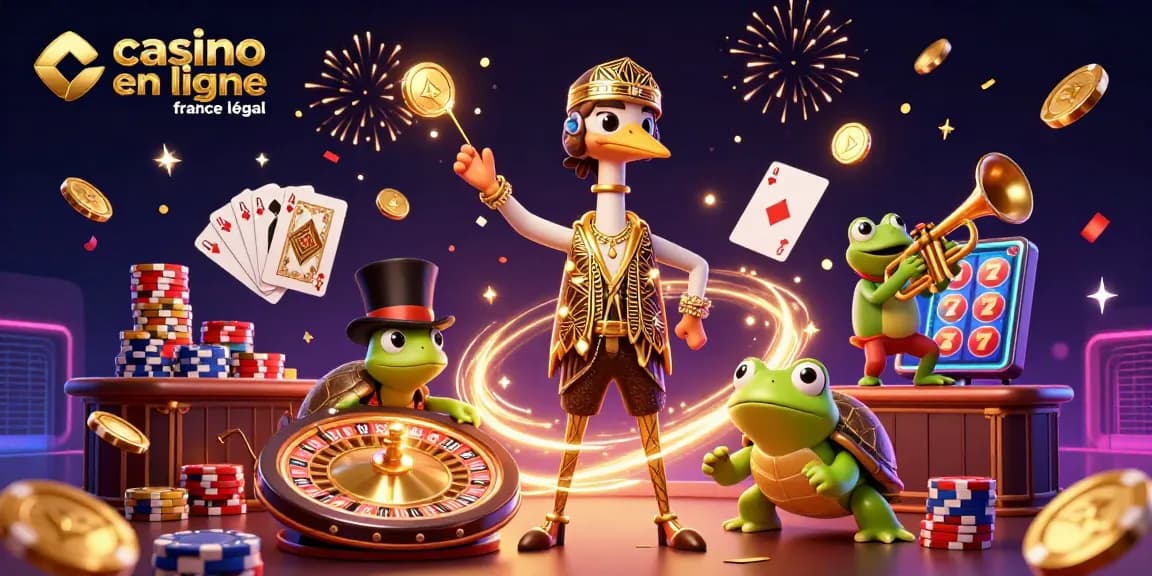 Un moment captivant de casino en ligne légal en France avec un crâne en art déco et des symboles de jeu en lumière.