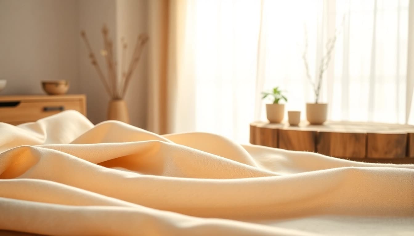 Het natuurlijk ongebleekt katoen tegen een rustic achtergrond, met warme texturen en subtiele kleuren.