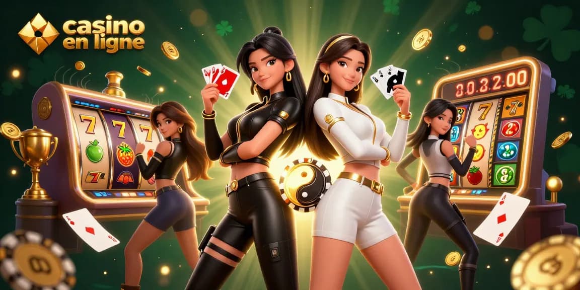 Vivez des moments palpitants au casino en ligne avec des femmes asiatiques tenant des cartes à jouer au milieu d'éléments de casino.