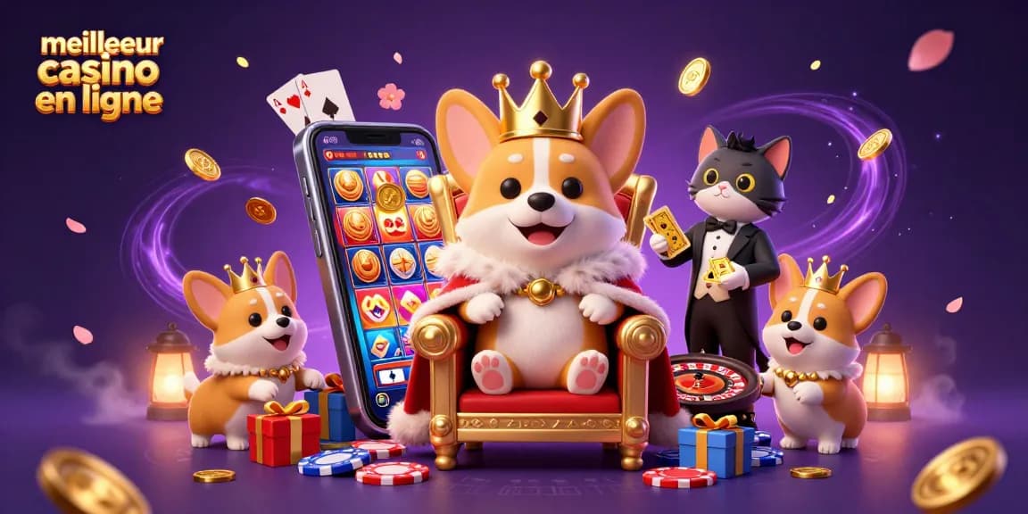 Visualisez le meilleur casino en ligne avec un corgi royal entouré de croupiers et d'éléments de jeux captivants.