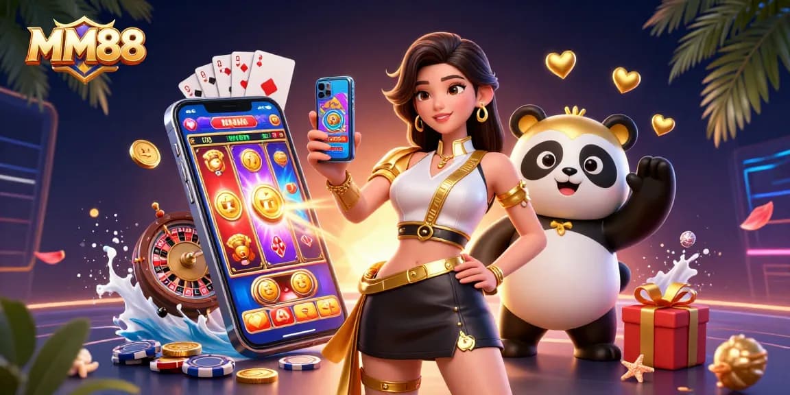 Engage in MM88's vibrant casino world with a stylish woman and golden panda celebrating slot gaming.