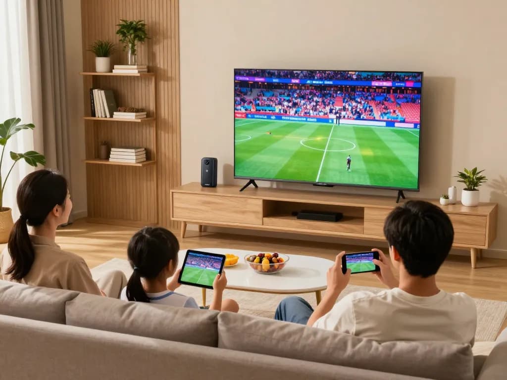 Famille profitant de l'expérience de streaming Atlas Pro IPTV sur une smart TV dans un salon confortable