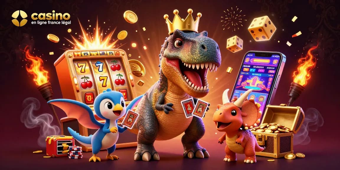 Jouez au casino en ligne France légal avec un T-Rex, un ptérodactyle, et un tricératops entourés de machines à sous animées.