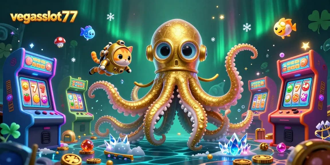 Experience thrilling adventures at vegasslot77 with a kraken and diving cat surrounded by vibrant slot-themed elements.