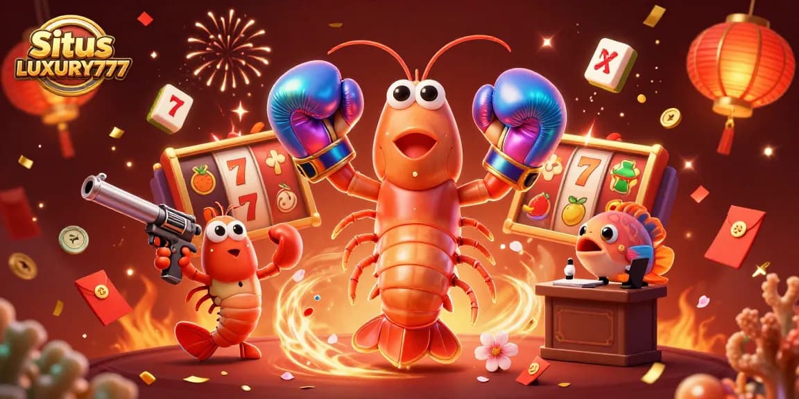 Situs LUXURY777 menghadirkan visual memukau dengan karakter udang mantis dan simbol permainan slot, memeriahkan pengalaman judi online.