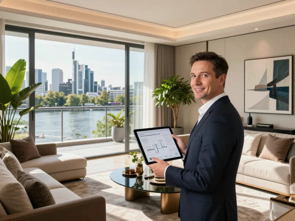 Immobilienmakler, der eine luxuriöse Immobilie in Frankfurt Sachsenhausen präsentiert und die Expertise von Immobilienmakler Frankfurt Sachsenhausen hervorhebt.