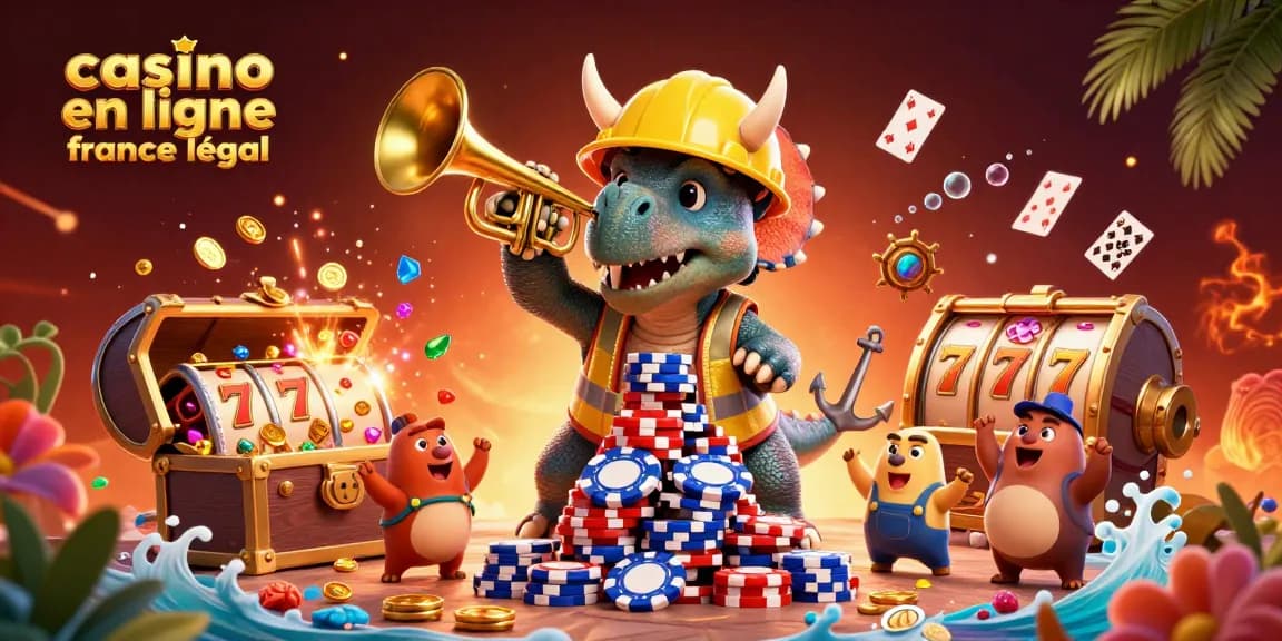 Jouant sur un casino en ligne France légal, un triceratops construit une pyramide de jetons de poker entouré d'éléments de jeu.