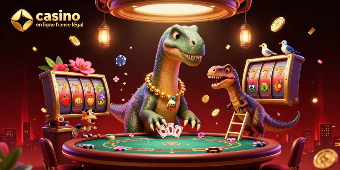 Illustration 3D montrant un brontosaurus et un raptor en plein jeu au casino en ligne légal en France, symbolisant la chance.