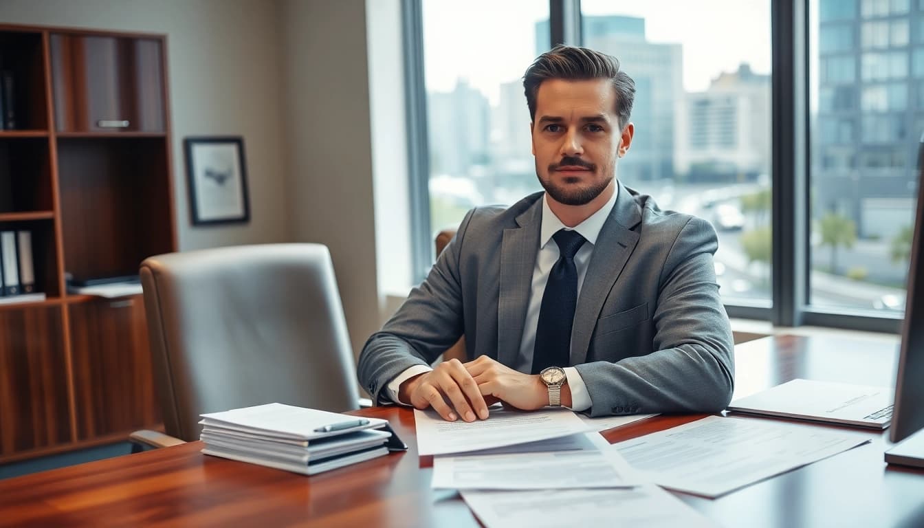 Clearwater truck accident attorney actively reviewing case documents in a professional office environment.