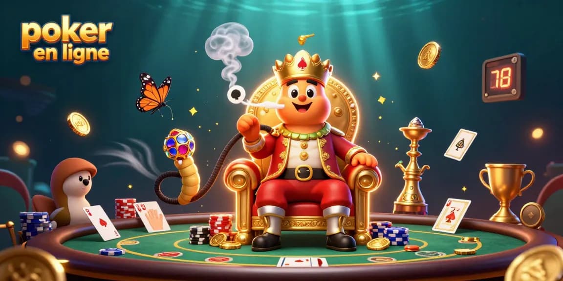Jouer au poker en ligne dans un monde magique avec des éléments de casino animés.