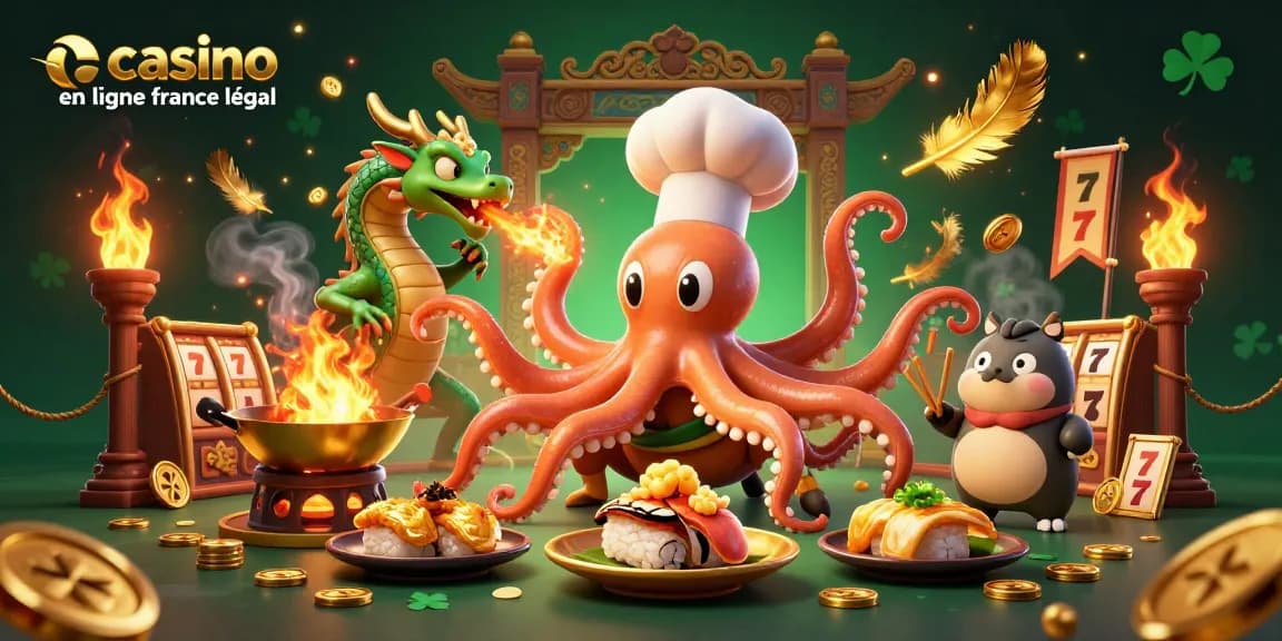 Venez jouer dans un casino en ligne France légal avec un chef sushi pieuvre et un dragon autour de machines à sous dorées.
