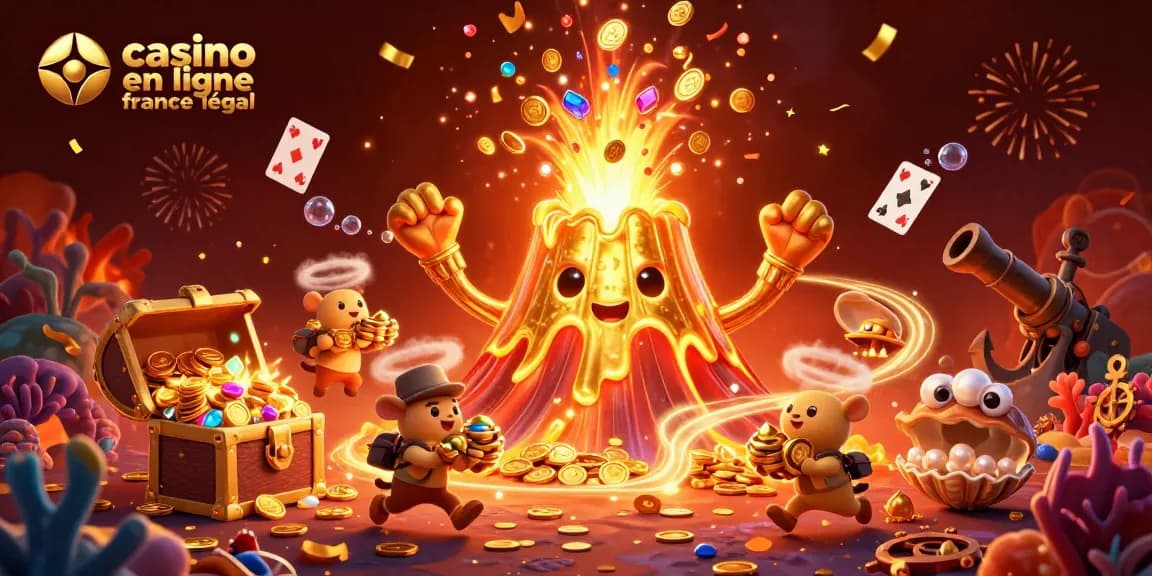 Découvrez une scène immersive de casino en ligne France légal avec un volcan doré éruptant de joyaux et de trésors.