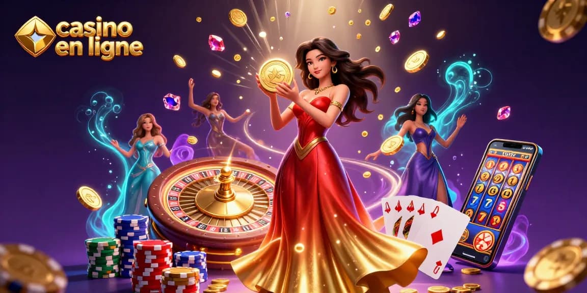Vivez l'excitation au casino en ligne avec une scène numérique époustouflante présentant des pièces d'or et des jeux vibrants.