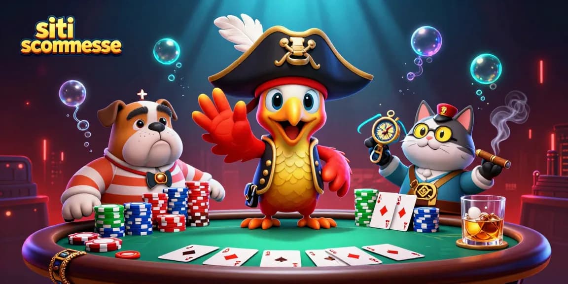 Siti scommesse per una mostra energica con un pappagallo pirata e un bulldog al tavolo da poker