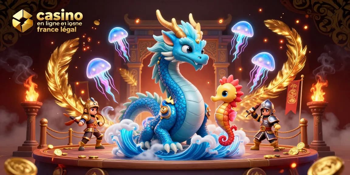 Jouez à des jeux captivants avec un casino en ligne légal en France, illustré par un dragon et des personnages marins.