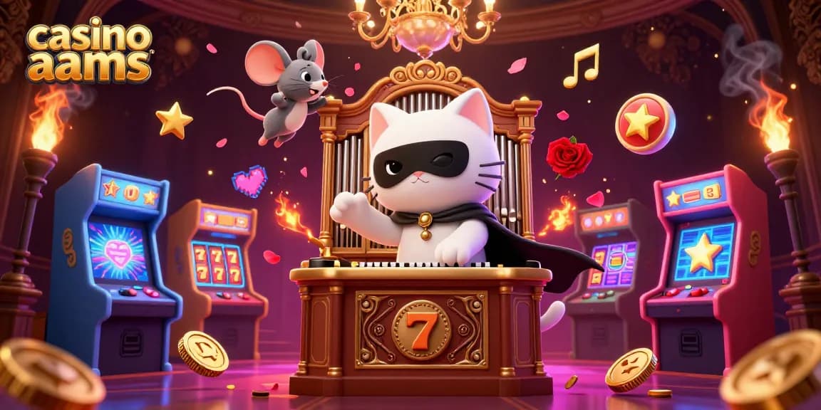 Interagisci con la vivace scena del casinò non AAMS che presenta un gatto mascherato e elementi di gioco colorati.
