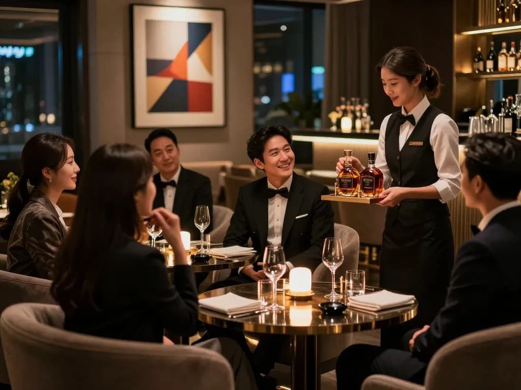Gangnam쩜오 lounge scene with guests enjoying luxury drinks in an elegant atmosphere.