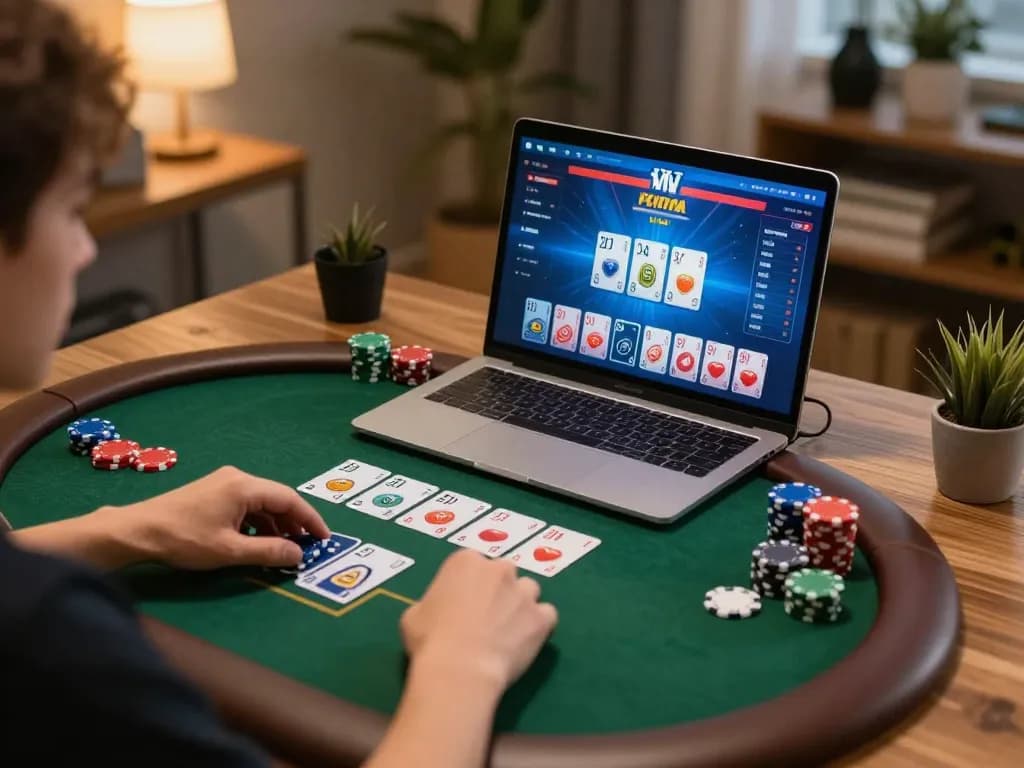 Player strategizing at home with NEGO77 poker game displayed on laptop.