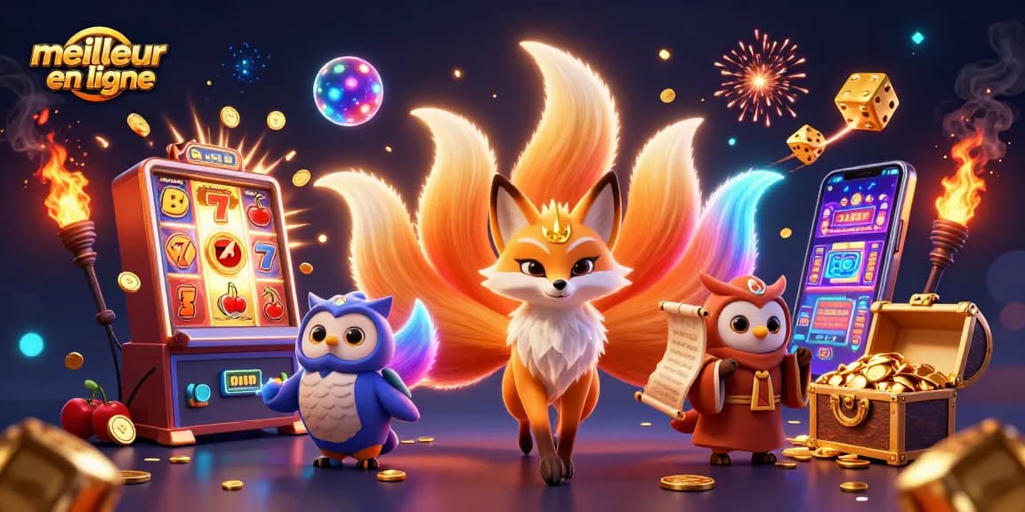 Illustration dynamique représentant le meilleur casino en ligne avec un renard à neuf queues, des heures de lumière colorée, et des machines à sous en action.