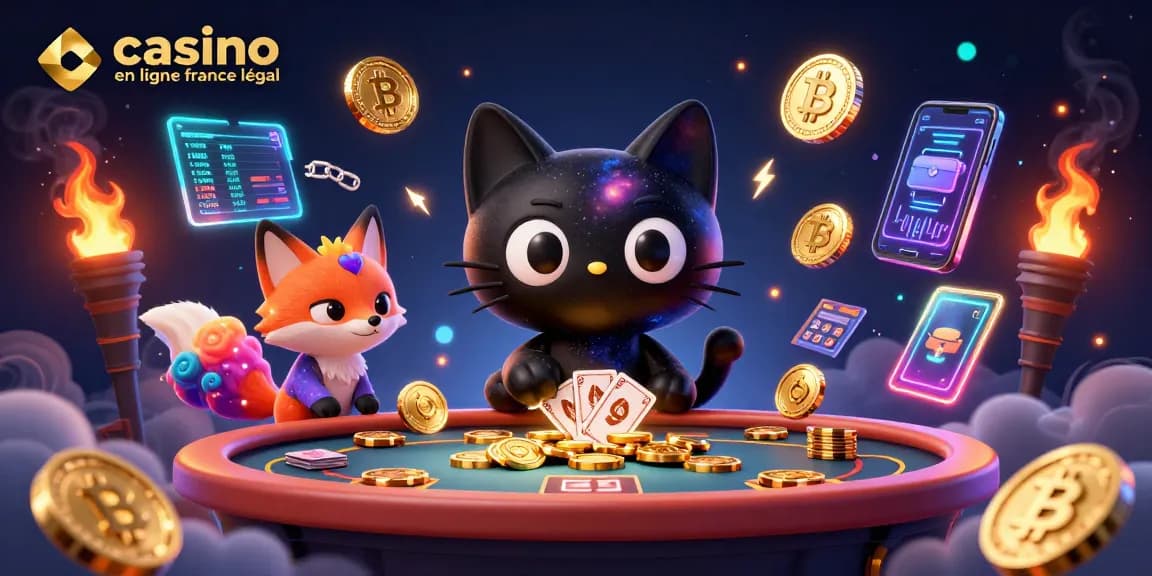 Découvrez le casino en ligne France légal dans une illustration dynamique avec un chat gravitationnel et des éléments de jeu.