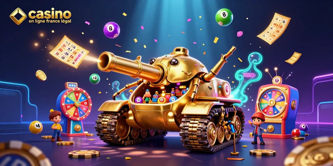 Image illustrant un casino en ligne France légal dans un tank doré 3D avec des personnages et des effets de loterie.