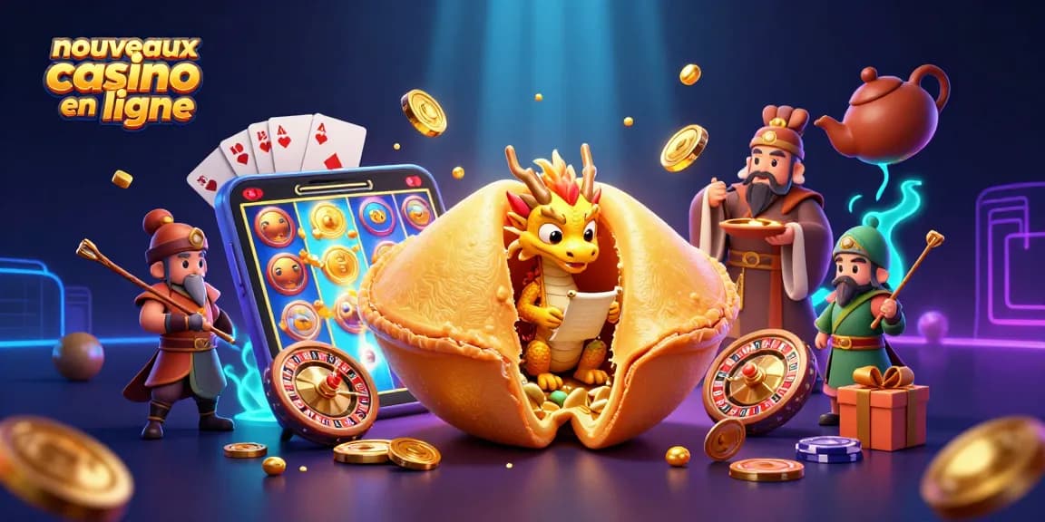 Passionnés des nouveaux casinos en ligne admirent l'illustration d'une scène dynamique avec une grande fortune cookie et un dragon sage.