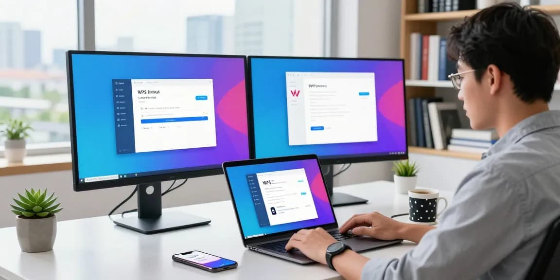 WPS Download in a modern workspace featuring a young professional working on a laptop at a stylish desk.