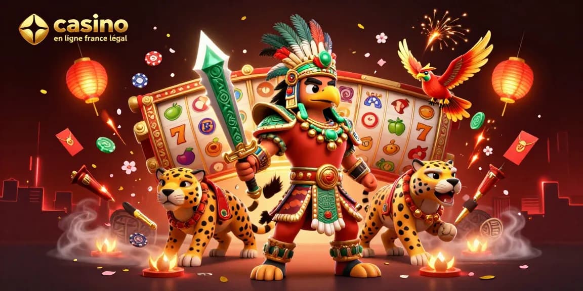 Jouez aux machines à sous sur casino en ligne France légal avec des guerriers aztèques dans une illustration dynamique et colorée.