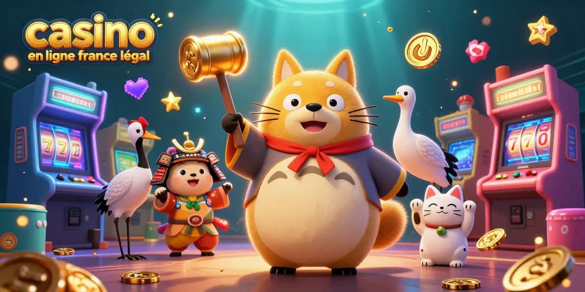 Illustration d'un tanuki et une grue dans un casino avec des éléments de jeu, casino en ligne France légal.