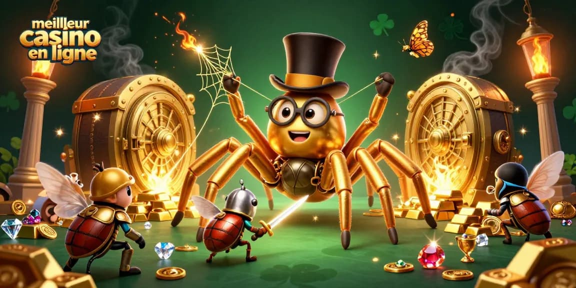 Jouez au meilleur casino en ligne avec une illustration dynamique de personnages ludiques et des trésors dorés.
